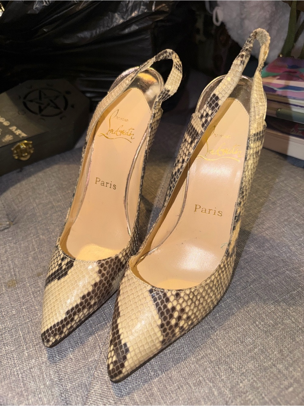 Christian Louboutin Snake-Print Slingback Pumps in Beige and Dark Brown